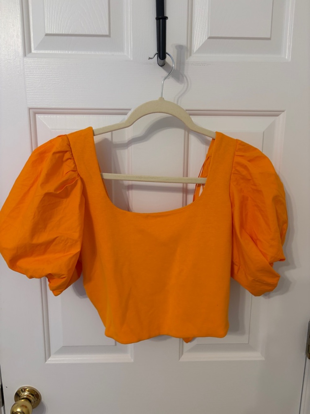Anthropologie Orange Puff-Sleeve Crop Top with Tie Back